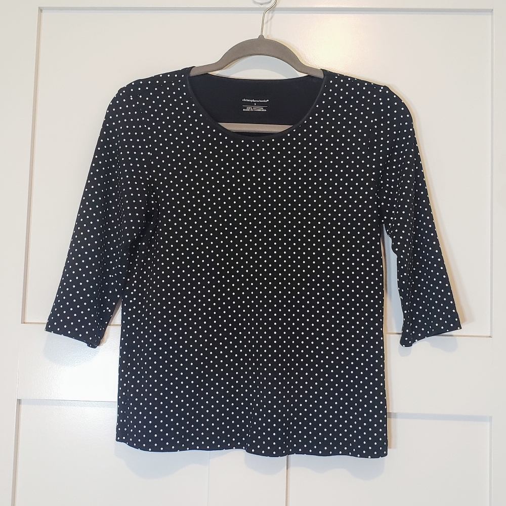 Christopher & Banks Polka Dots Cotton Top 3/4 Sleeves Black White Size Small